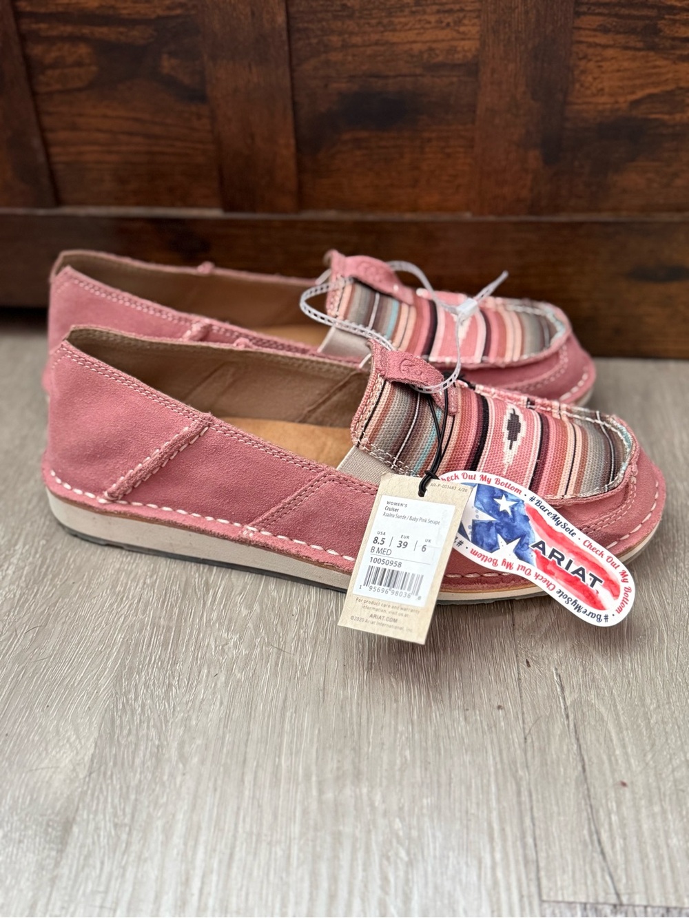 Ariat Women's Pink Suede Moccasin Loafers with Striped Textile Accent